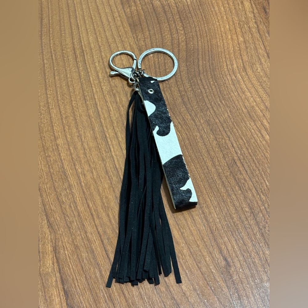 NEW Black and White Cow Print Keychain with Tassel